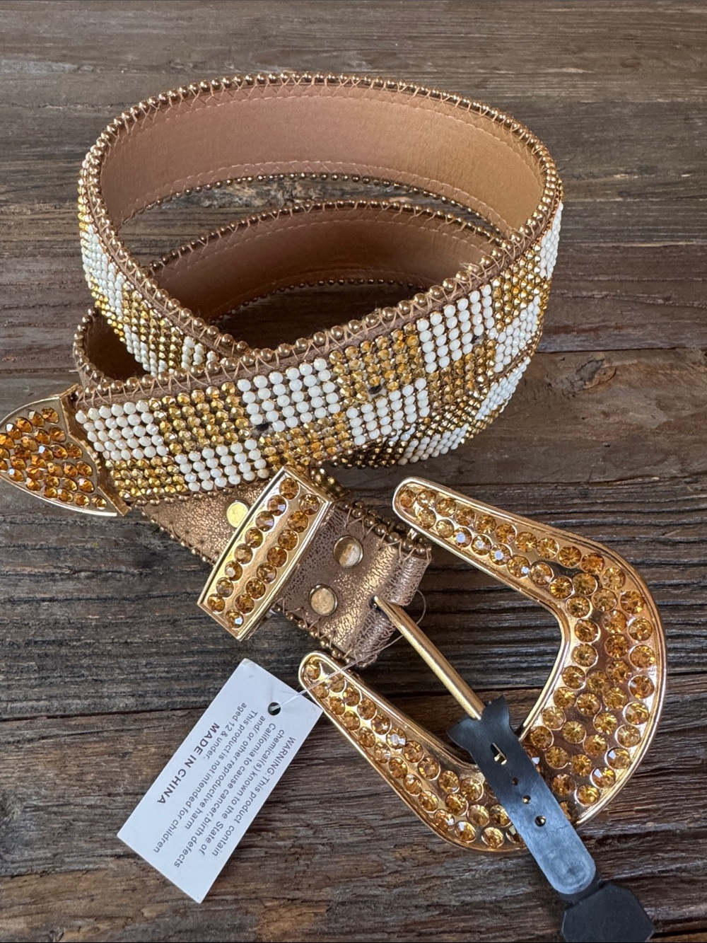 Leather metallic cream beaded embellished belt